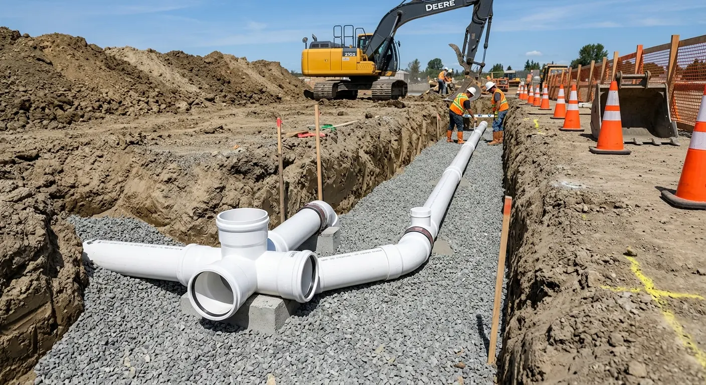 New PVC sewer pipe installation in open trench for Commercial Drain Cleaning in Irvington
