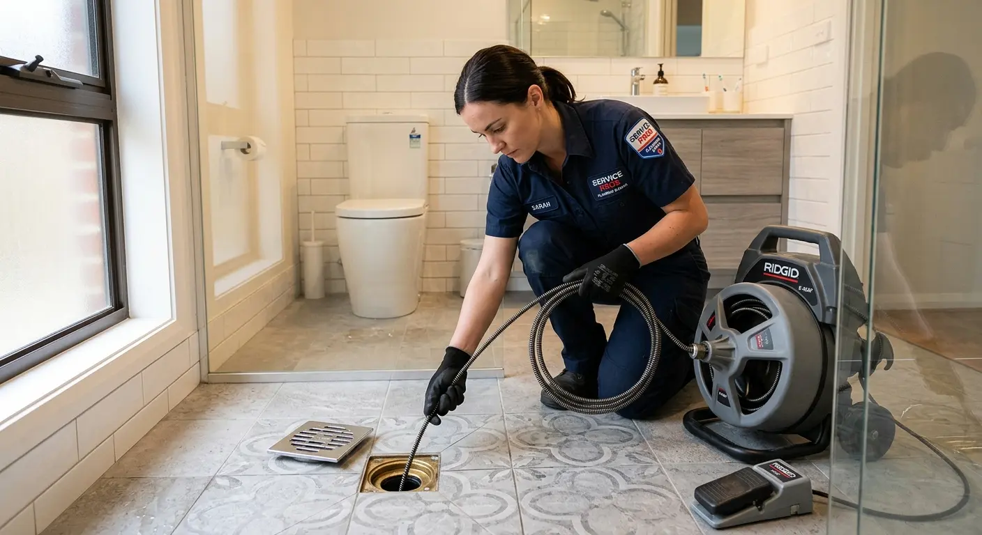Technician clearing a bathroom floor drain for Clogged Drain Repair in Irvington